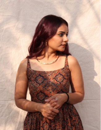 Frill Dress Brown Blue Diamond Print