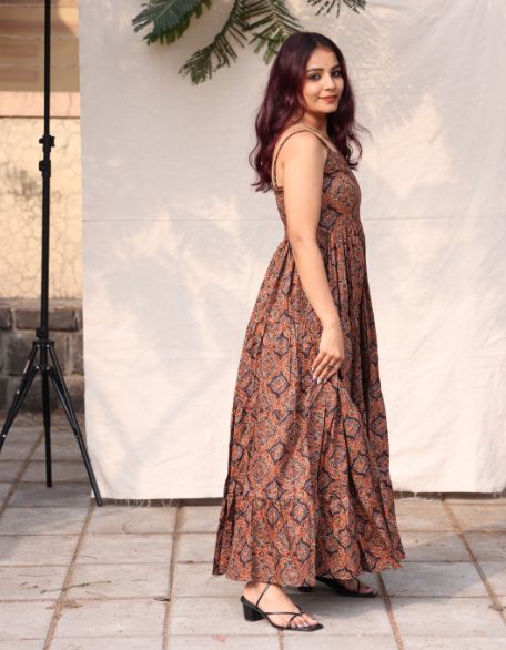 Frill Dress Brown Blue Diamond Print