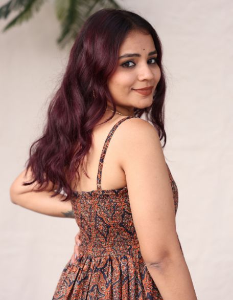 Frill Dress Brown Blue Diamond Print